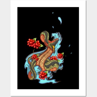 Colorful angry snake with flowers Posters and Art